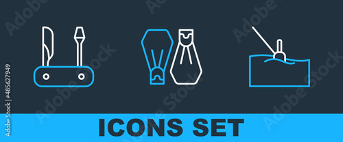 Set line Fishing float in water, Swiss army knife and Rubber flippers for swimming icon. Vector