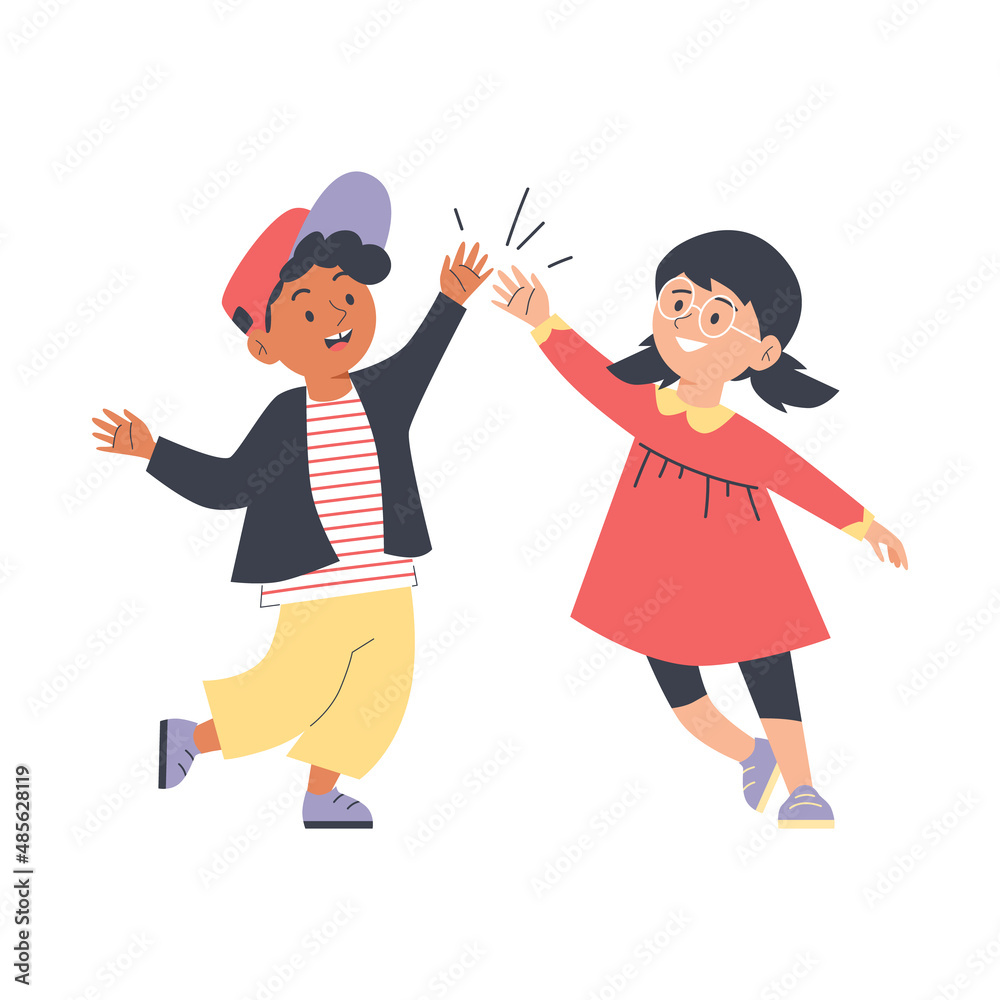 Joyful children jump and give high five to each other, flat vector illustration isolated on white background. Joyful children jump and give high five to each other, flat vector illustration isolated on white background.