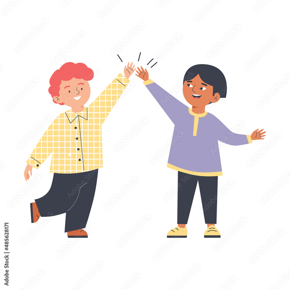 Two happy preschooler boys clap hands, flat vector illustration isolated on white background. Two happy preschooler boys clap hands, flat vector illustration isolated on white background.
