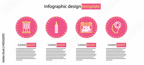 Set line Hanging sign with For Rent, Man dreaming about buying house, Skyscraper and House icon. Vector