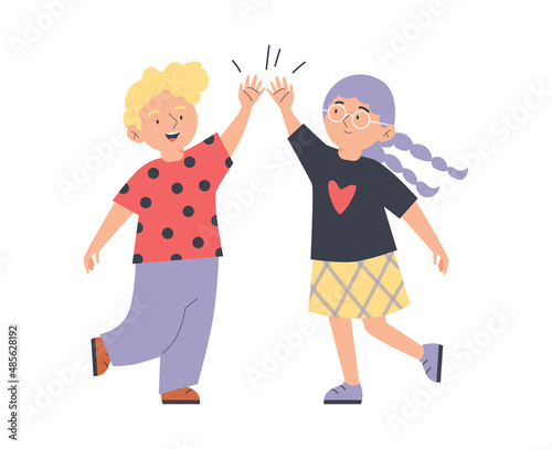 Blonde boy and girl give high five with their hands. Cute kids celebrate by doing hi five. Cartoon vector illustration.