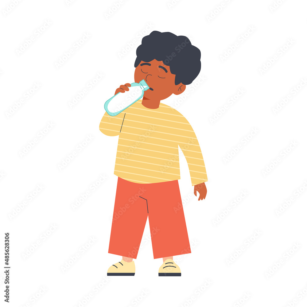 Child boy drinks milk from bottle, flat vector illustration isolated on white background. Child boy drinks milk from bottle, flat vector illustration isolated on white background.