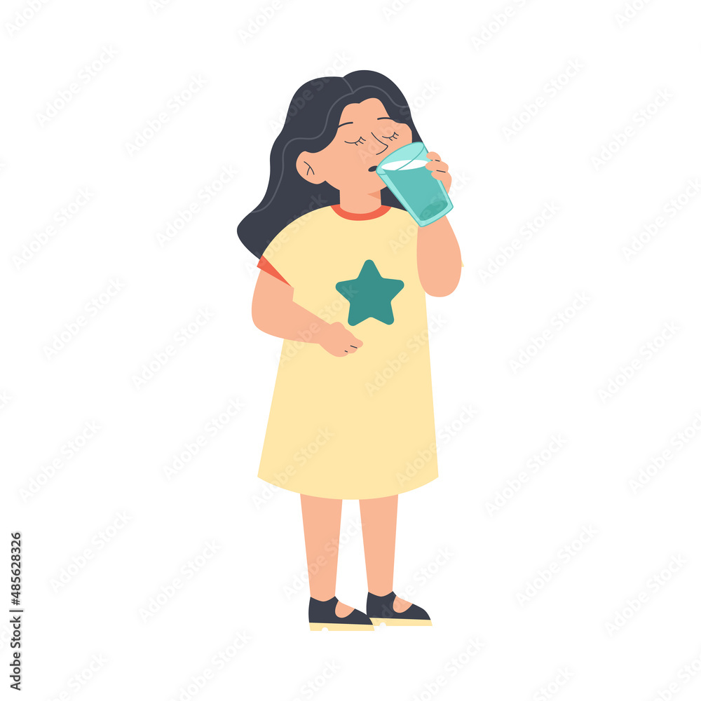Cute little brunette girl stand front view and drink milk before her bed time. Cute kid wearing pajamas drink water. Cute little brunette girl stand front view and drink milk before her bed time. Cute kid wearing pajamas drink water.