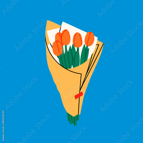 Bouquet of red Tulips. Bouquet of spring fresh flowers wrapped in yellow gift paper. Beautiful lush tulips for Mother's Day or St Valentine's day. Holiday floral decor. Hand drawn Vector illustration
