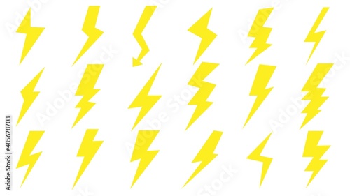 Set of flat lightning icons. Yellow lightning icons isolated on white background. Vector illustration