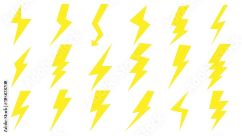 Set of flat lightning icons. Yellow lightning icons isolated on white background. Vector illustration