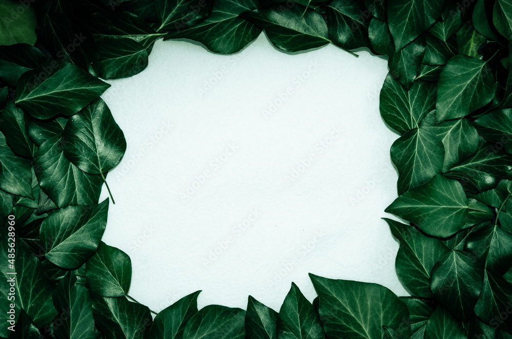 Fototapeta premium Creative layout made of leaves with paper card note. Flat lay. Blank for advertising card or invitation. Nature concept.