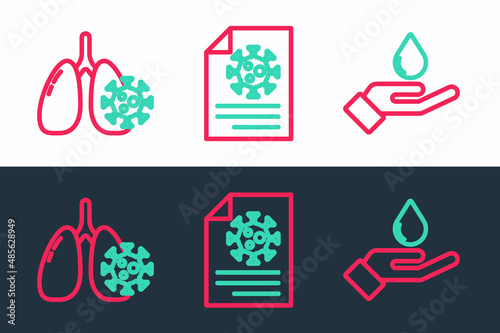 Set line Washing hands with soap, Virus cells lung and Clipboard blood test results icon. Vector