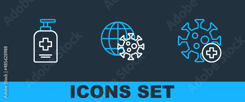 Set line Positive virus, Liquid antibacterial soap and Earth globe with icon. Vector