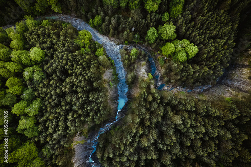 Aerial view of river flowing admist trees in forest photo