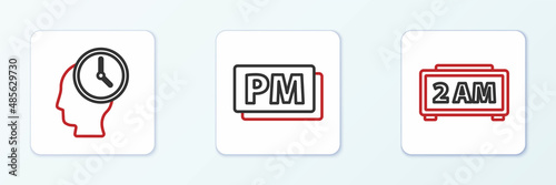 Set line Digital alarm clock, Time Management and Clock PM icon. Vector