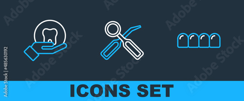 Set line Dentures model, Tooth and Dental inspection mirror icon. Vector