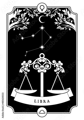 illustration Zodiac sign. Vintage card poster image. Planet symbol.