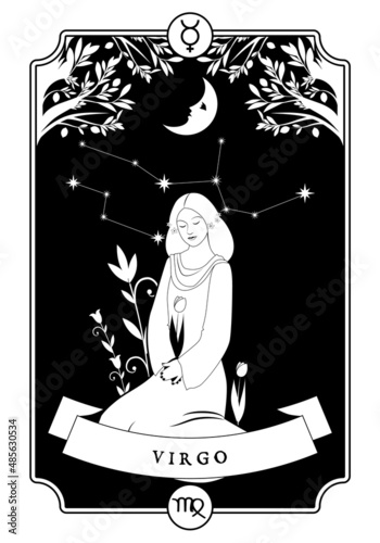 illustration Zodiac sign. Vintage card poster image. Planet symbol.