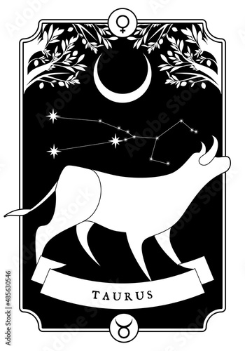 illustration Zodiac sign. Vintage card poster image. Planet symbol.