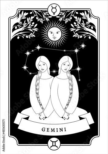 illustration Zodiac sign. Vintage card poster image. Planet symbol.