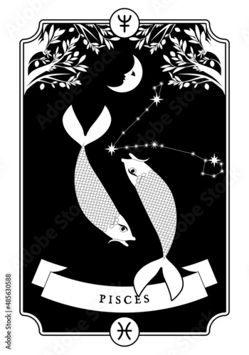 illustration Zodiac sign. Vintage card poster image. Planet symbol.