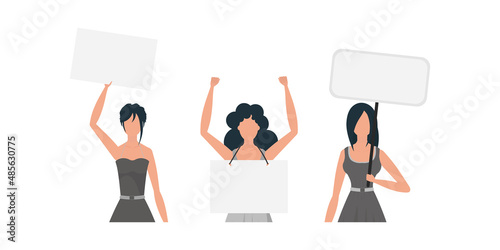 A set of Women in full growth with a banner in their hands. Isolated on white background. Flat style. Vector.