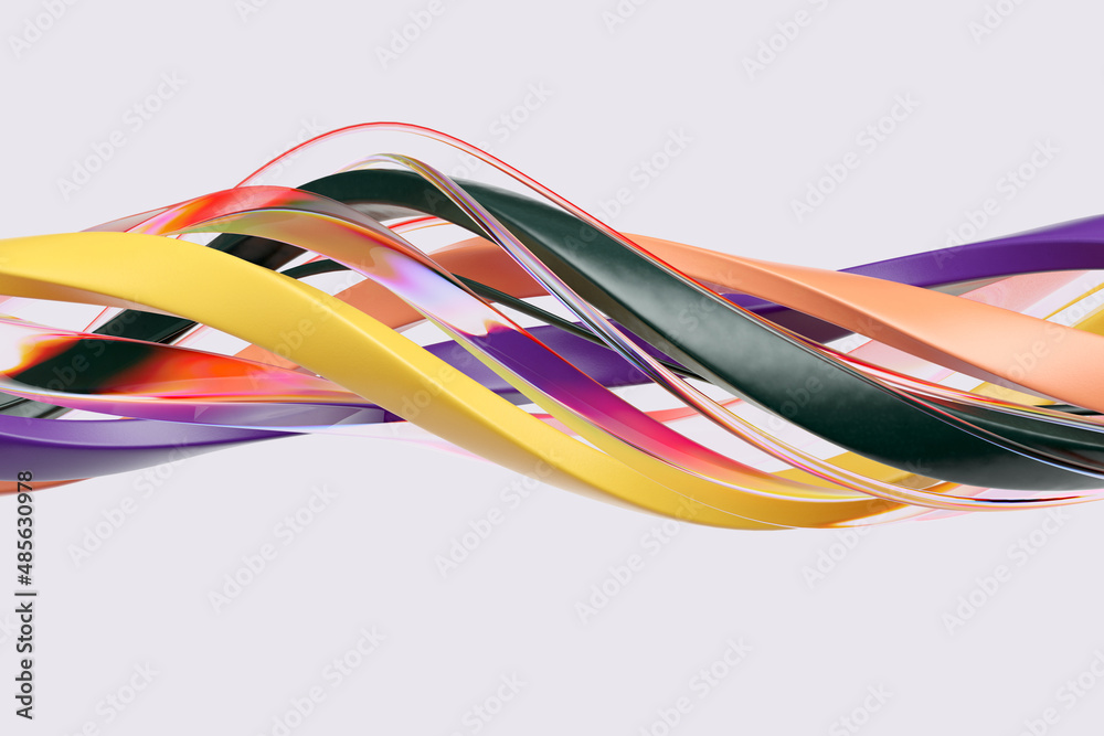 Twisted wavy lines abstract dynamic composition 3d rendering, weaving colored ribbons, futuristic streamlines flow, mixing stripes different materials Twisted wavy lines abstract dynamic composition 3d rendering, weaving colored ribbons, futuristic streamlines flow, mixing stripes different materials
