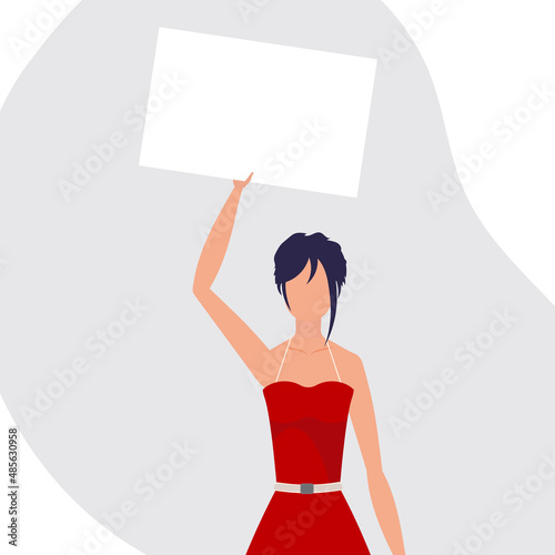 Pretty girl with an empty banner in her hands. The concept of expressing thoughts, dissatisfaction and protests. Flat style. Vector illustration.