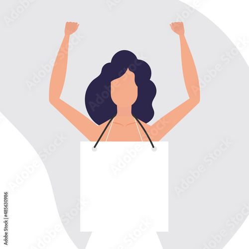 Pretty girl with an empty banner in her hands. The concept of expressing thoughts, dissatisfaction and protests. Flat style. Vector.