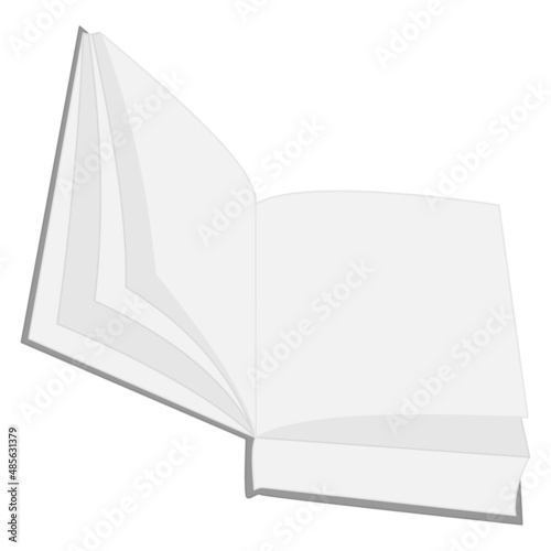 An open book with paper pages. The first pages, the beginning of reading, flipping through empty pages. Template, mockup. Learning, reading, education, bookstore. Vector icon, flat, gray, isolated