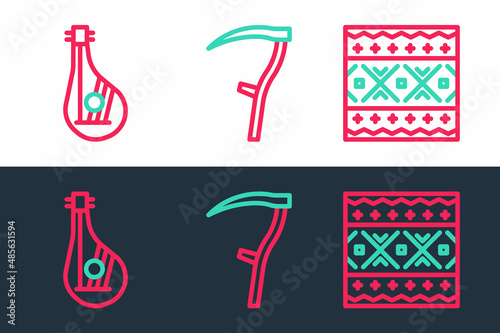 Set line Ukrainian ethnic pattern, Bandura and Scythe icon. Vector