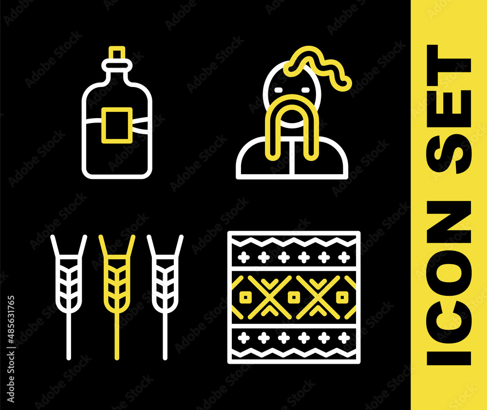 Set line Ukrainian cossack, ethnic pattern, Wheat and Bottle of vodka icon. Vector Set line Ukrainian cossack, ethnic pattern, Wheat and Bottle of vodka icon. Vector
