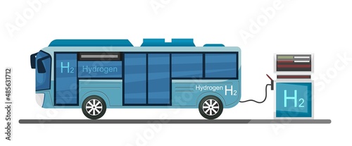 Autobus with hydrogen motor. H2 fuel bus. Vector illustration
