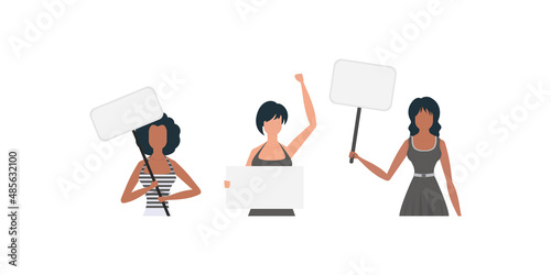 A woman protests with a banner. Protest concept. Set for banners and designs. Vector.