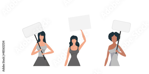 A woman protests with a banner. The concept of expressing thoughts, dissatisfaction and protests. Set for banners and designs. Vector.