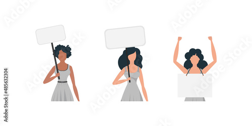 Cute girl with a banner in her hands. The concept of expressing thoughts, dissatisfaction and protests. Set for banners and designs. Vector.