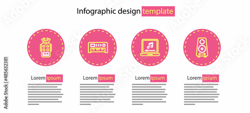 Set line Laptop with music note, Stereo speaker, Music synthesizer and Microphone icon. Vector