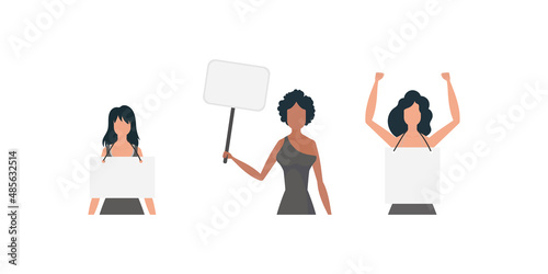 A cute girl is protesting with a banner. The concept of expressing thoughts, dissatisfaction and protests. Set for banners and designs. Vector.