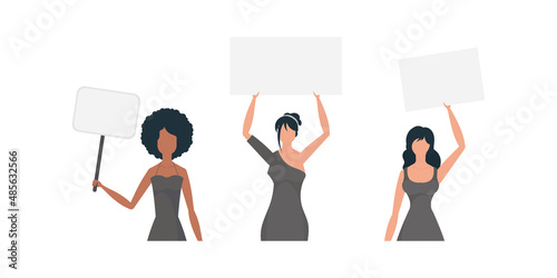 A woman with a banner in her hands. Protest concept. Set for banners and designs. Vector illustration.