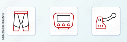 Set line Bicycle brake, Cycling shorts and speedometer icon. Vector