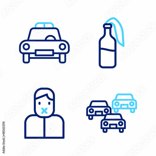 Set line Traffic jam, Censor and freedom of speech, Cocktail molotov and Police car flasher icon. Vector