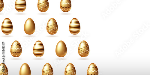 Gold eggs on white background with copy space. Happy Easter banner, invitation or greeting card template with golden decorated egg rows. Spring holiday greetings, Realistic 3d vector illustration