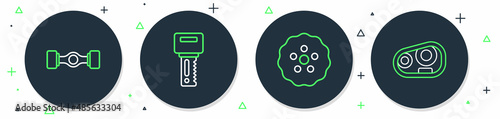 Set line Car key with remote, Gear, Chassis car and headlight icon. Vector