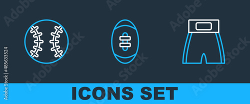 Set line Boxing short, Baseball ball and American Football icon. Vector