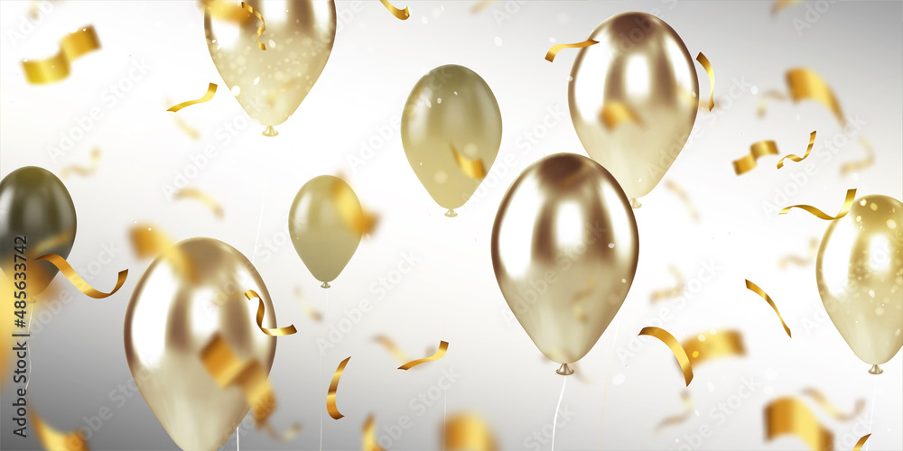 Fototapeta premium Background with gold balloons and confetti, birthday or anniversary party celebration, foil helium balloons on blur backdrop. Template for invitation, wallpaper design Realistic 3d vector illustration