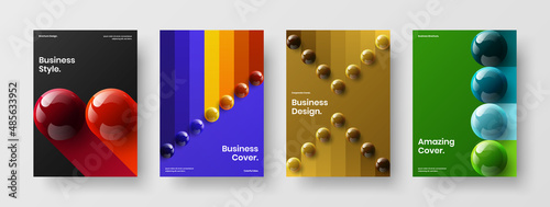 Simple corporate cover A4 vector design template set. Unique realistic balls presentation illustration bundle.
