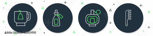 Set line Essential oil bottle, Aftershave, Cup of tea with tea bag and Hairbrush icon. Vector