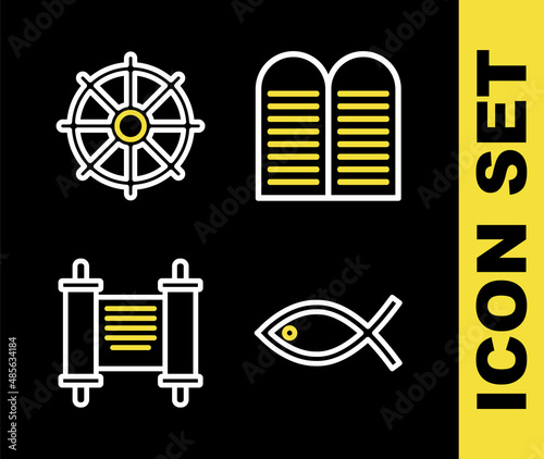 Set line The commandments, Christian fish, Decree, paper, parchment, scroll and Dharma wheel icon. Vector
