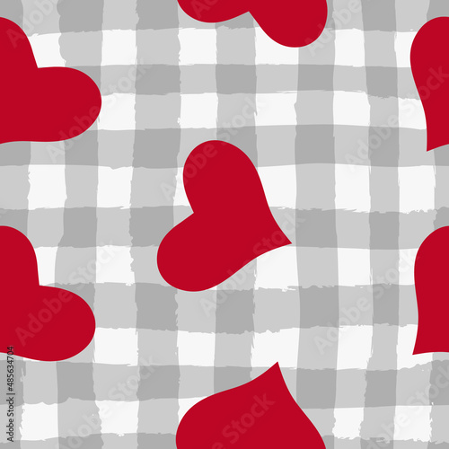 All over seamless vector repeat pattern with big red hearts tossed on a gray irregular watercolor looking plaid background. Versatile Valentines day love backdrop