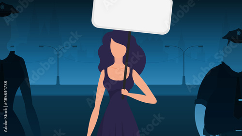 A woman protests with a banner against the backdrop of the city. The concept of expressing thoughts, dissatisfaction and protests. Vector illustration.