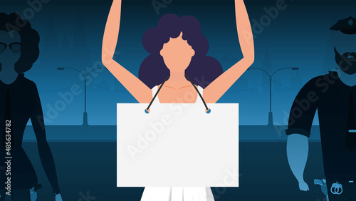 A woman protests with a banner against the backdrop of the city. The concept of expressing thoughts, dissatisfaction and protests. Vector illustration.