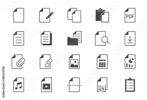 File flat icons. Vector illustration include icon - paper, pdf, pen, document, checklist, page, image, sheet, copy, photo glyph silhouette pictogram for web attachment