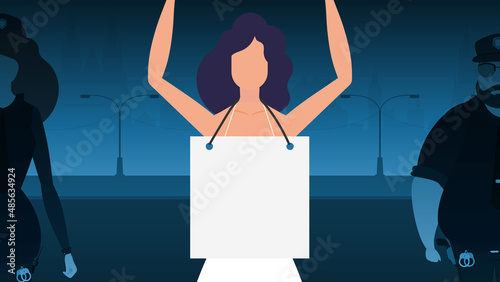 A woman protests with a banner against the backdrop of the city. The concept of expressing thoughts, dissatisfaction and protests. Vector illustration.