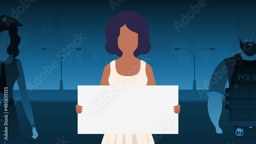 A woman protests with a banner against the backdrop of the city. The concept of expressing thoughts, dissatisfaction and protests. Vector illustration.